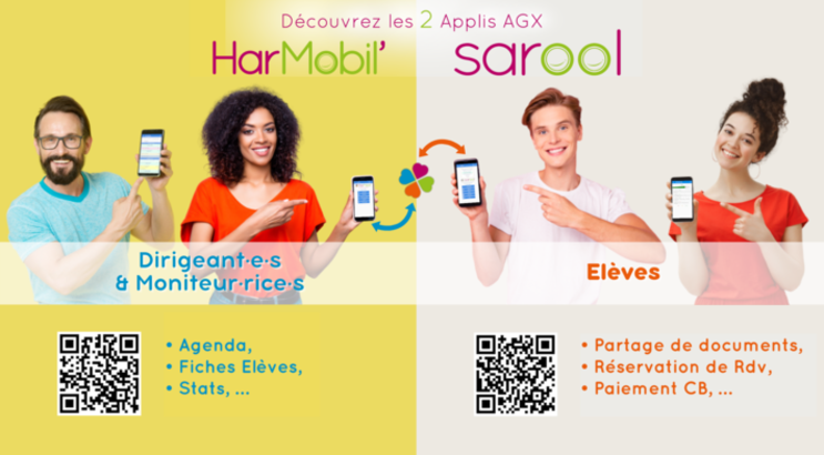 Découvrez les 2 applis AGX : HarMobil' pour les dirigeant·e·s et moniteur·rice·s, et Sarool pour les élèves