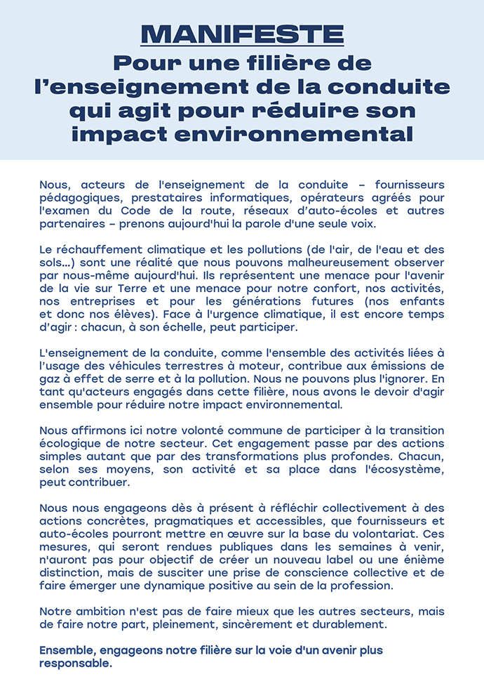 Manifeste pour une fili&egrave;re de l'enseignement de la conduite qui agit pour r&eacute;duire son impact environnemental